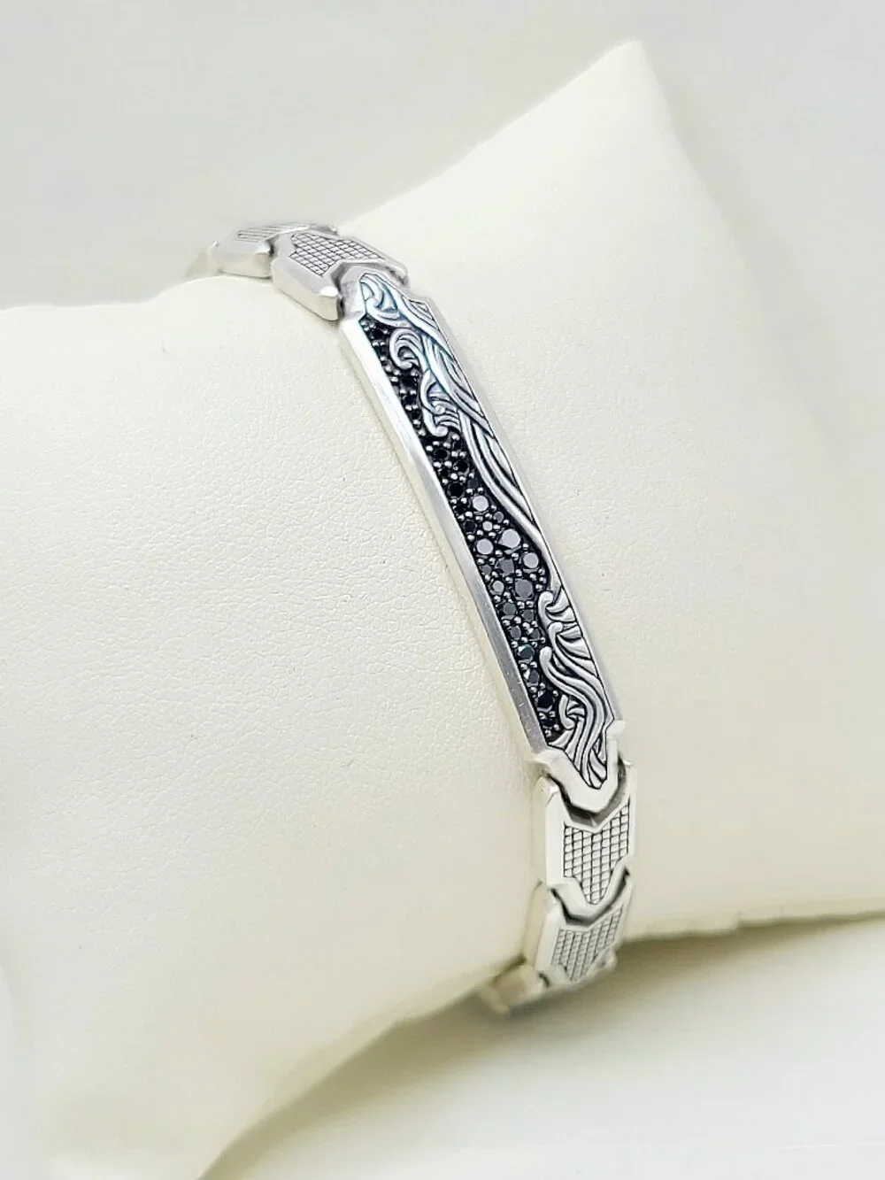 David Yurman Waves ID Link Bracelet w/ Pavé Black Diamonds - 9mm - Size Medium